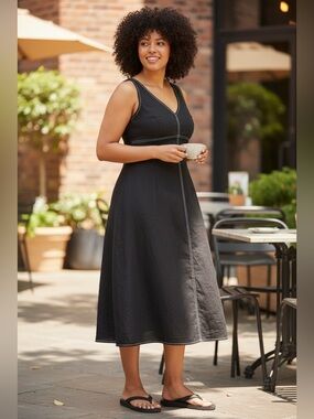 Crescent Sleeveless Linen Midi Dress Black Lagenlook Minimalist L